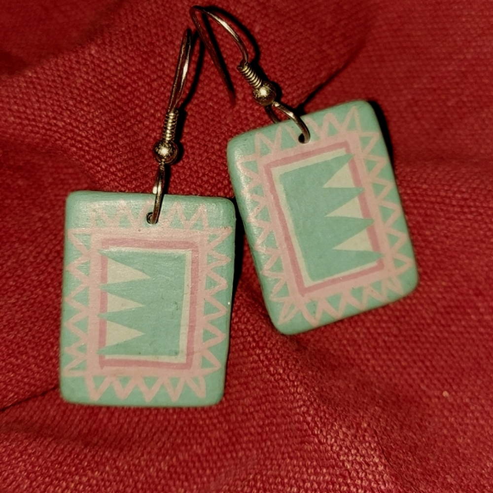 Native American inspired Ceramic Earrings - turquoise and pink